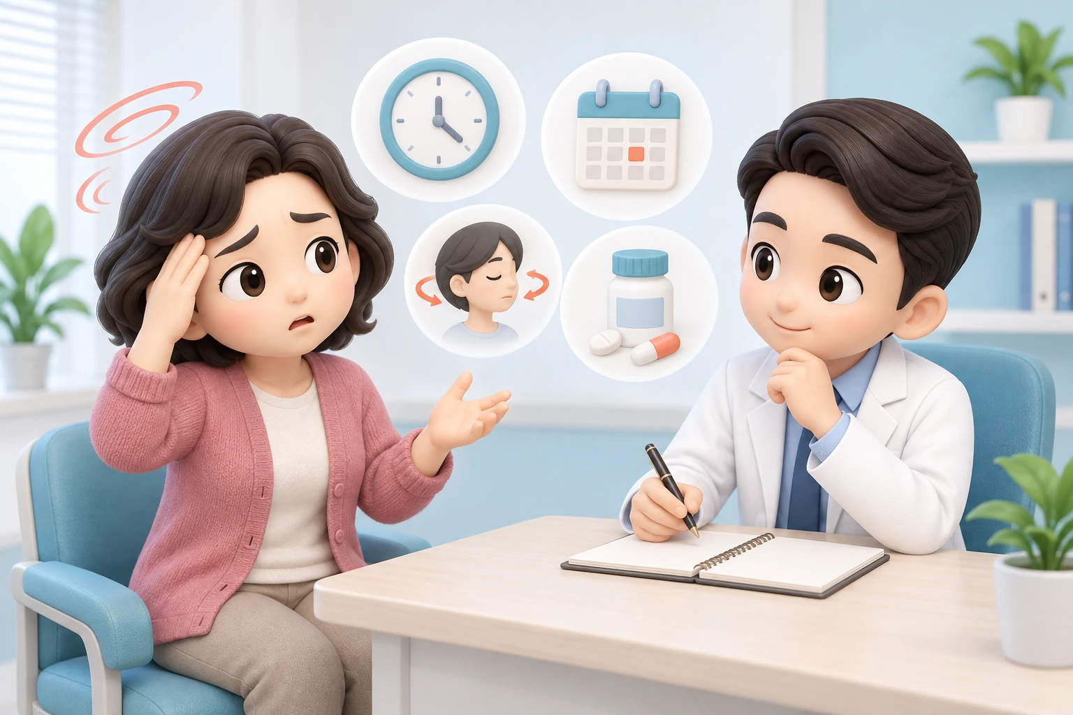 진료실에서 어지럼증을 상담하는 장면의 일러스트